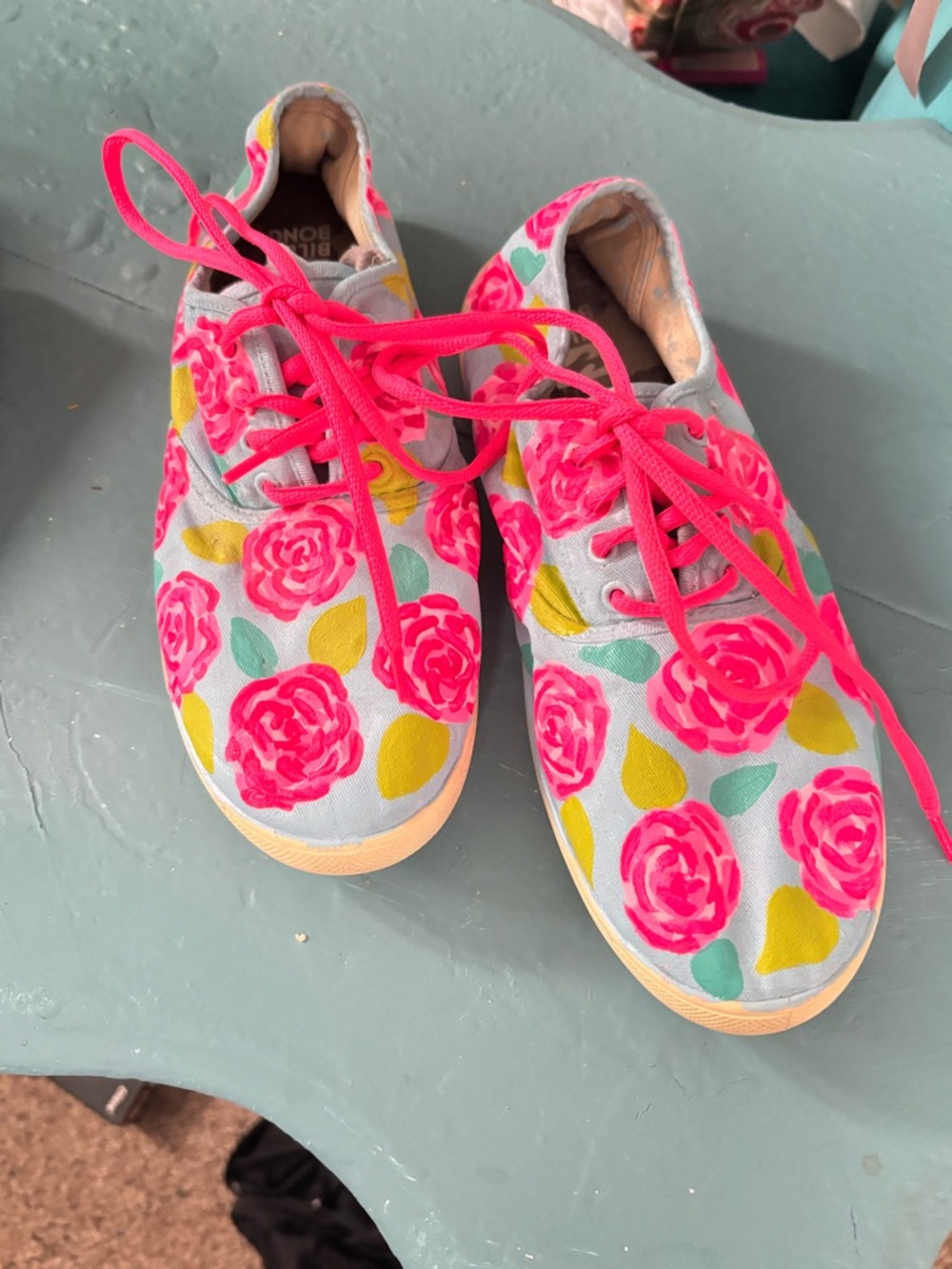 Women’s hand painted Floral Canvas Sneakers with Pink Accents